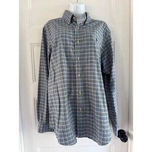 Ralph Lauren Mens Slim Fit Plaid Button Down Shirt Blue Tan Cotton Large